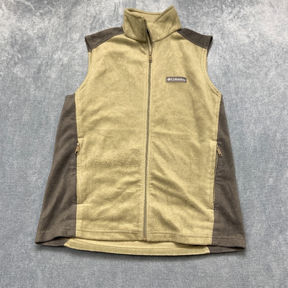 Columbia Fleece Vest Mens Small Olive Green Full Zip Logo Mock Neck Sleeveless